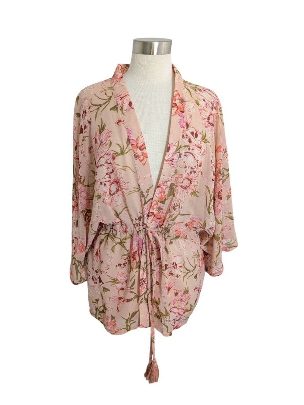 Floral Kimono Cardigan With Tassel Tie Waist By David & Young Lightweight Pink C - Picture 2 of 11